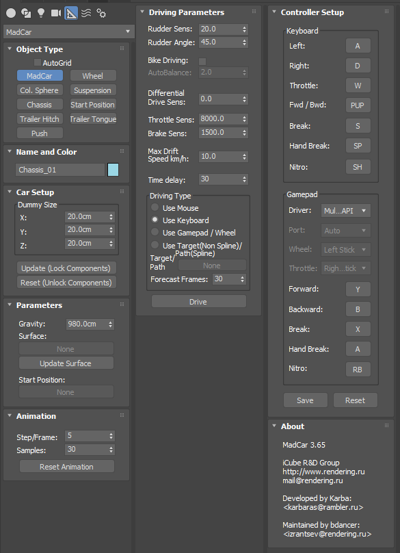  MadCar object parameters